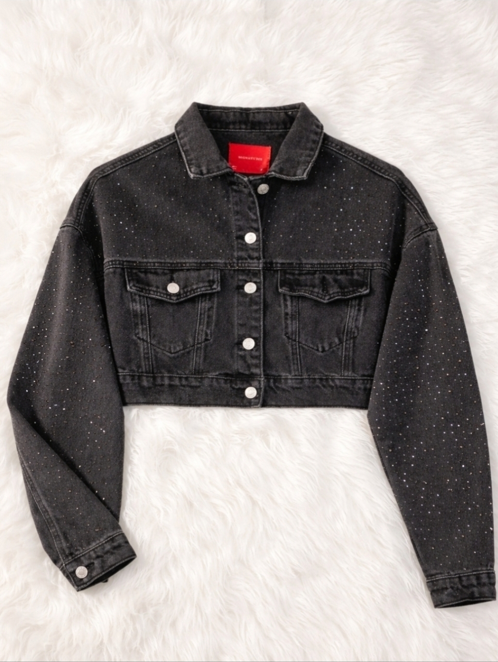 Black Rhinestone Cropped Denim Jacket Sparkle Y2K Glam Festival Layer NWOT